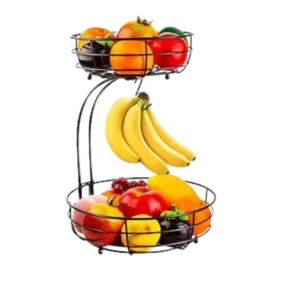 2-Tier Countertop Fruit and Vegetable Basket with Banana Hanger, Iron Storage Bowl, Black